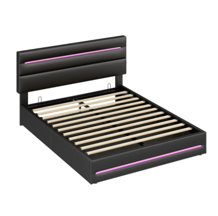 UK Local 5ft King Upholstered Bed Frame With Hydraulic Storage, PU Ottoman Bed With LED Lighting And Charging Station, LED Adjustable Headboard With USB And Type - C Ports, Black