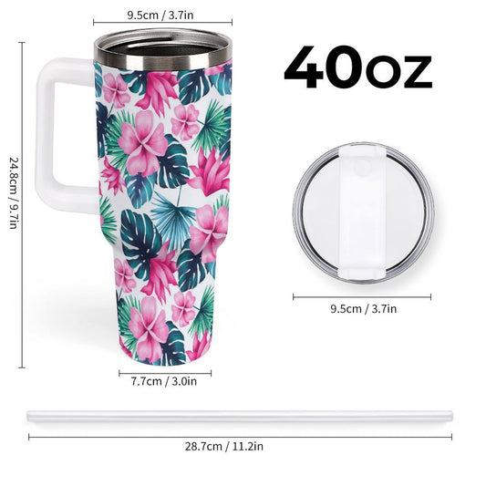 PHDT00458 POD US Local Tumbler 40 oz Large Capacity Car Cup Summer, Aqua Red, Flowers, Green Leaves