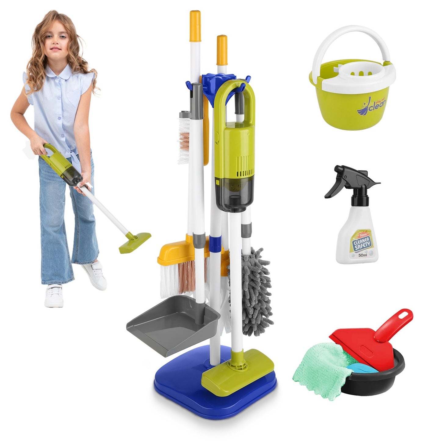 US Local Set Of 14Pcs Kids Cleaning Toy Set Toddler Housekeeping Pretend Play Kit With Vacuum Cleaner Broom Mop Organization Stand For Boys Girls Aged 3 4 5