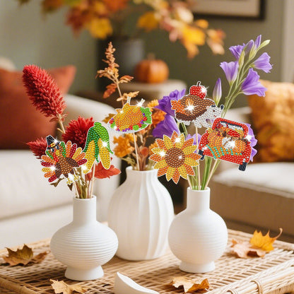 12 Packs Rhinestones Painting Art Kit Fall Pumpkin Turkey Maple Corn Design Decorative Stakes For Vase DIY 5D Rhinestones Art Craft Ornaments With Glue And Suction Cup For Thanksgiving Harvest Decor