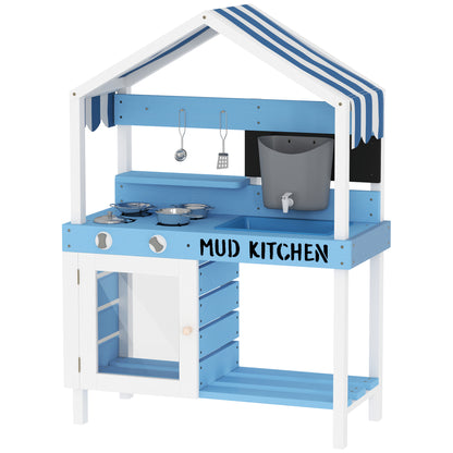 US Local Wooden Mud Kitchen For Kids Outdoor With Sink, Faucet, Water Tank, Storage Shelves, Accessories For Boys And Girls, Blue