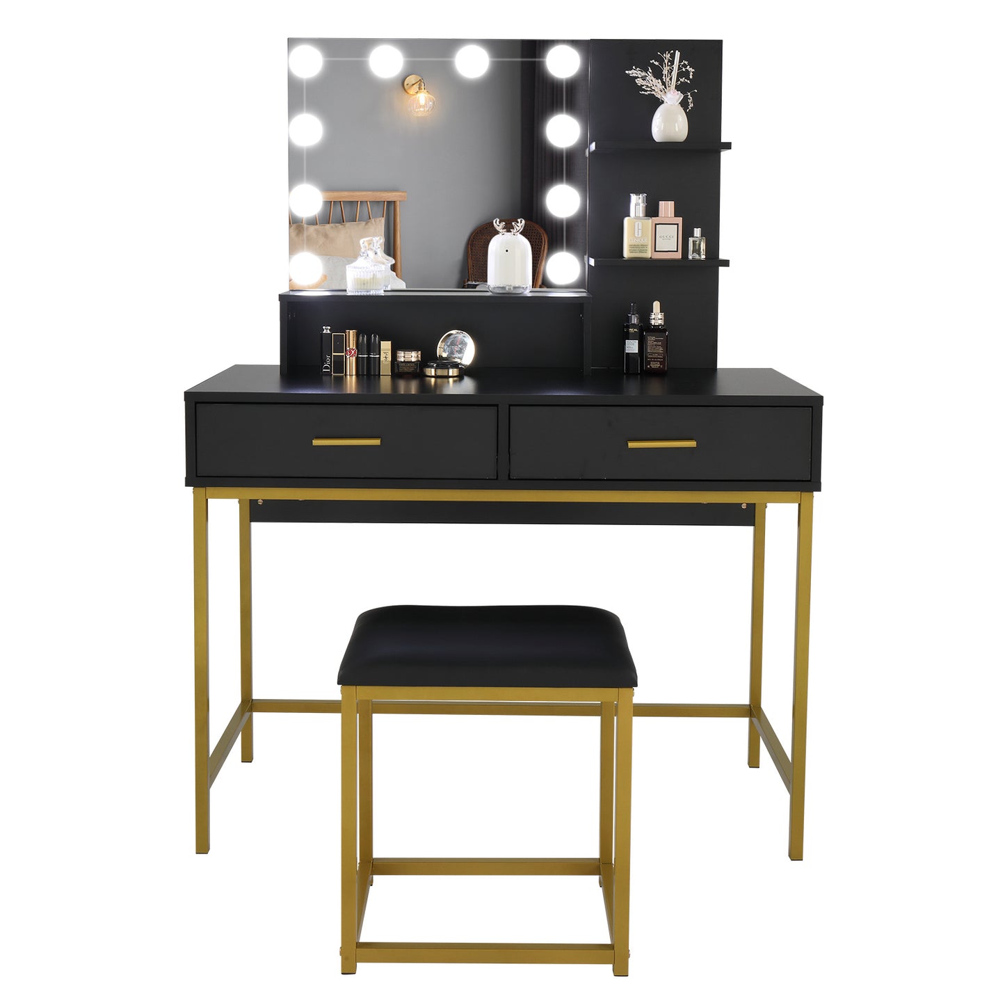 US Local Black, Particleboard, Steel Frame, Two-drawer, Three-tier Shelf, Dressing Table Set, Three-tone Light, Light Luxury