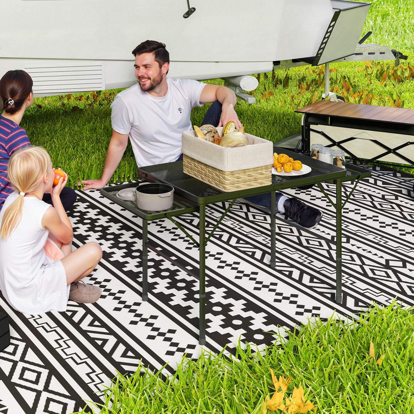 US Local Folding Camping Table, 4.5ft Portable Table With 2 Wing Panels, Height Adjustable Metal Picnic Table