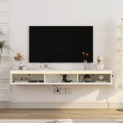 US Local Floating TV Stand, Wall Mounted TV Shelf With Led Lights & Power Outlet,High Gloss TV Cabinet For Tv Stands For Living Room