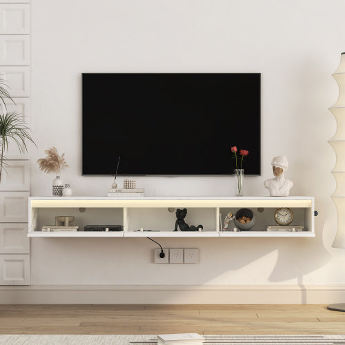 US Local Floating TV Stand, Wall Mounted TV Shelf With Led Lights & Power Outlet,High Gloss TV Cabinet For Tv Stands For Living Room