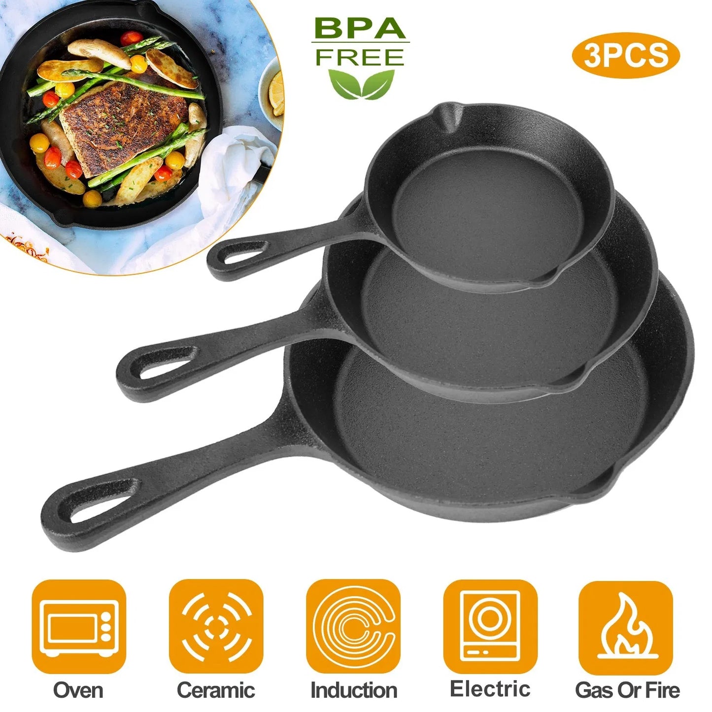 US Local 3Pcs Pre-Seasoned Cast Iron Skillet Set 6 8 10in Non-Stick Oven Safe Cookware Heat-Resistant Frying Pan