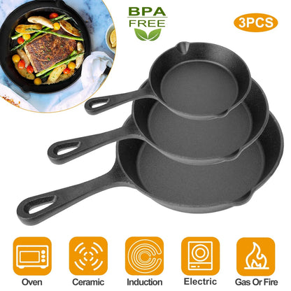 US Local 3Pcs Pre-Seasoned Cast Iron Skillet Set 6 8 10in Non-Stick Oven Safe Cookware Heat-Resistant Frying Pan