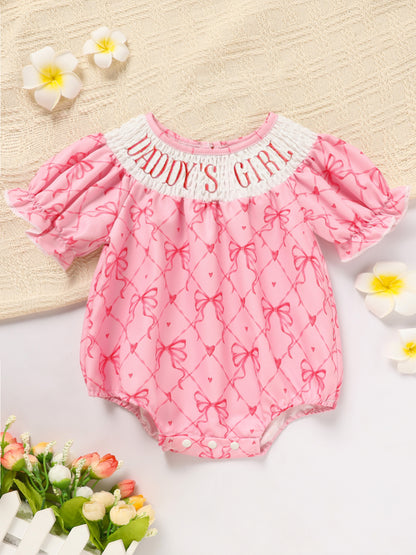 US Local Baby Girl's Bowknot Graphic Print Romper, Daddy's Girl Letter Print Triangle Jumpsuit With Bubble Sleeves