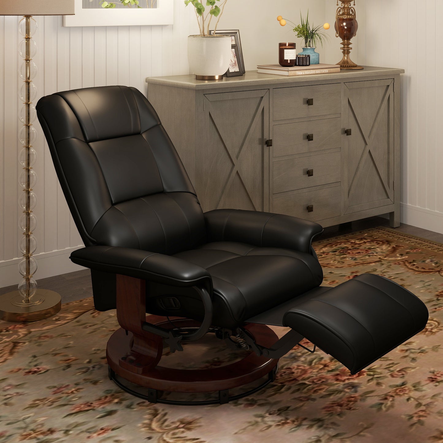 US Local Living Room Relaxation Black Faux Leather Swivel Recliner With Adjustable Footrest