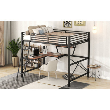 US Local Full Size Loft Metal&MDF Bed With Desk And Shelf, Black