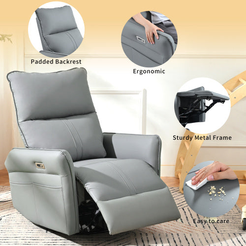US Local 270 Power Swivel Rocker Recliner Chair, PU Leather Electric Glider Reclining Sofa With USB Ports, Power Swivel Glider, Rocking Chair,Nursery Recliners For Living Room Bedroom  Light Gray  270Swivel