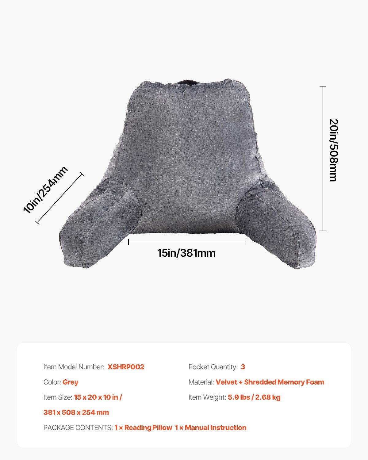 US Local Reading Pillow, Large Size Bed Pillow With Shredded Memory Foam, Back Pillow With 3 Pockets And Washable Short Velvet Cloth, Top With Handle, For Watching TV, Reading, Gaming, Resting, Grey