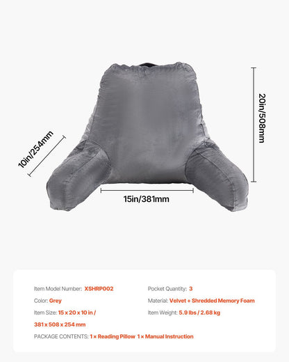 US Local Reading Pillow, Large Size Bed Pillow With Shredded Memory Foam, Back Pillow With 3 Pockets And Washable Short Velvet Cloth, Top With Handle, For Watching TV, Reading, Gaming, Resting, Grey