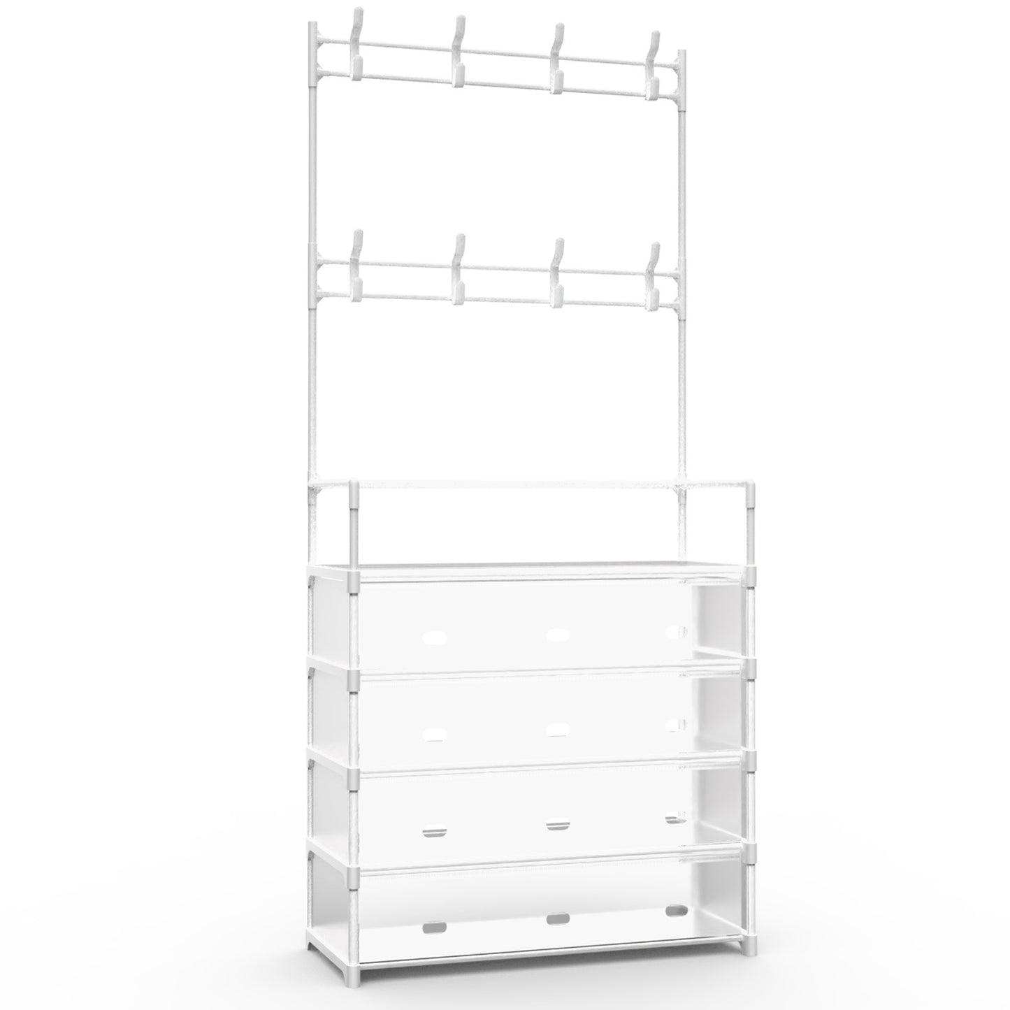 US Local 5 Tier Shoe Rack With Coat Rack For Front Door Bedroom Entrance - White