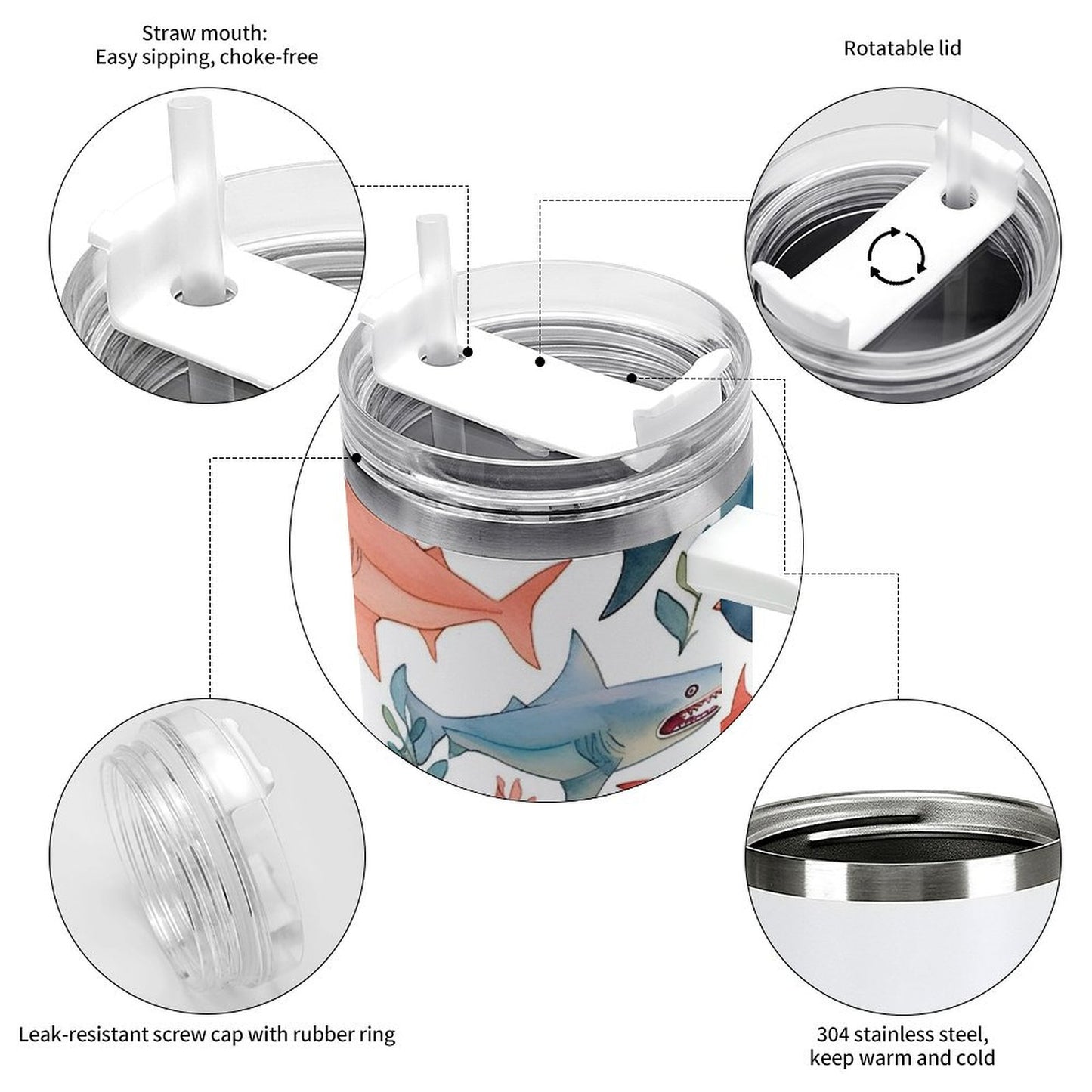 PHDT00215 POD US Local Tumbler 40oz Large Capacity Car Cup Ocean Shark