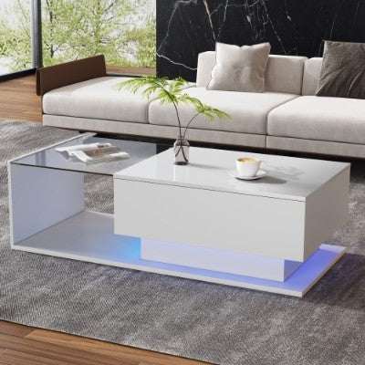 UK Local LED Coffee Table, Modern High Gloss Coffee Table, Center Table With Glass, Modern Coffee Table For Living Room With Drawer White