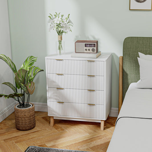 US Local 4 Drawer Double Dresser For Bedroom, Fluted Chest Of Drawers With Gold Finger Pulls And 4 Wood Legs, White