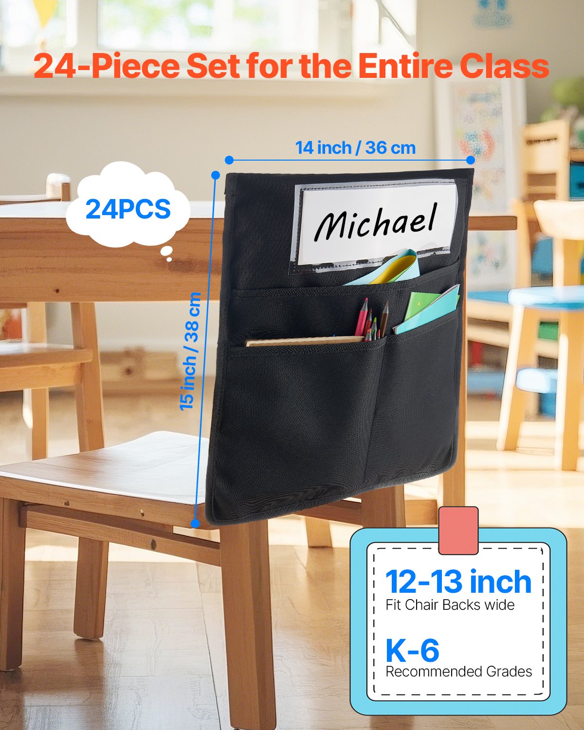 US Local Chair Pockets For Classroom 24 Pack Seat Pocket With Name Tag Black