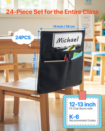 US Local Chair Pockets For Classroom 24 Pack Seat Pocket With Name Tag Black