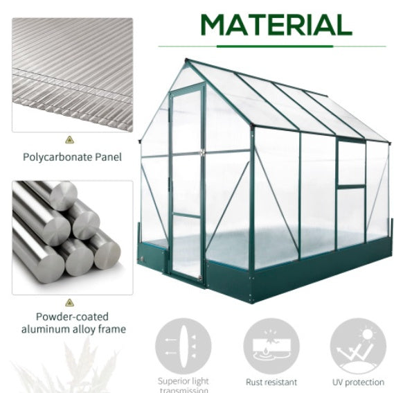 UK Local Outsunny 6x8 FT Polycarbonate Greenhouse With Base And Raised Bed, Walk-in Greenhouse With Aluminium Frame, Temperature Controlled Window, Foundation For Plants, Flowers, Vegetable