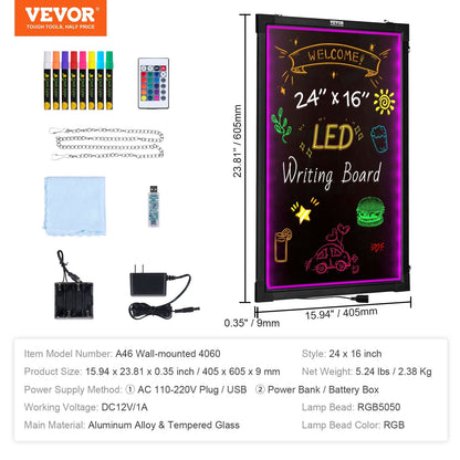 US Local VEVOR LED Message Writing Board, Illuminated Erasable Lighted Chalkboard, Neon Effect Menu Sign Board, Drawing Board With 8 Fluorescent Chalk Markers And Remote Tested To UL Standards