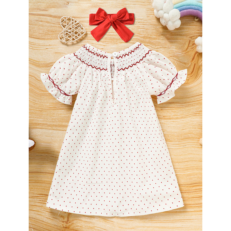 US Local Baby Girl's Valentine's Day Dress Short Sleeve Red Heart Embroidery Dress With Headband Smocked Princess Party Dress