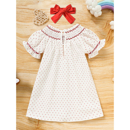 US Local Baby Girl's Valentine's Day Dress Short Sleeve Red Heart Embroidery Dress With Headband Smocked Princess Party Dress