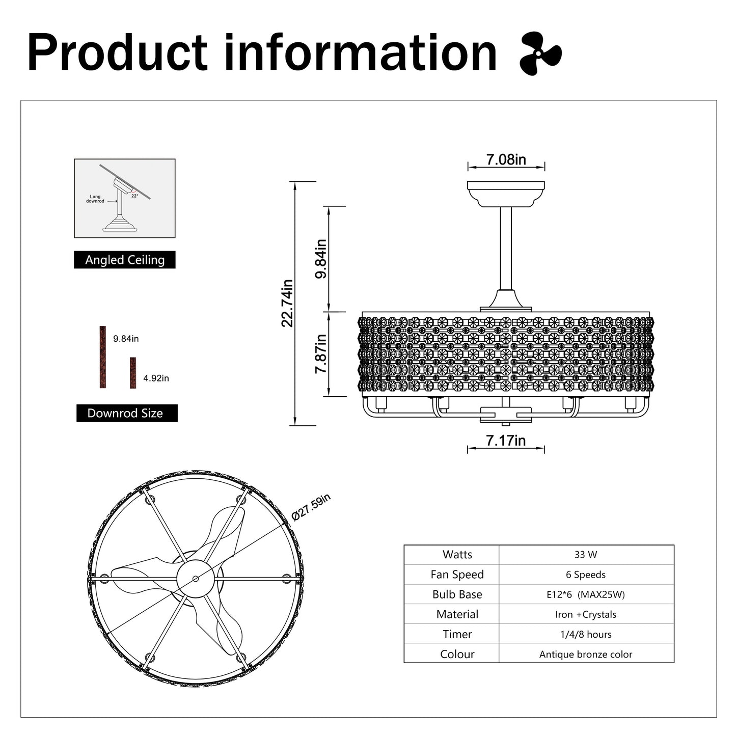 US Local Dia 26.8 Inch Chandelier Ceiling Fan ,Crystal Shade Ceiling Fan With Remote Control,3 ABS Blade--4-light No Include Bulb