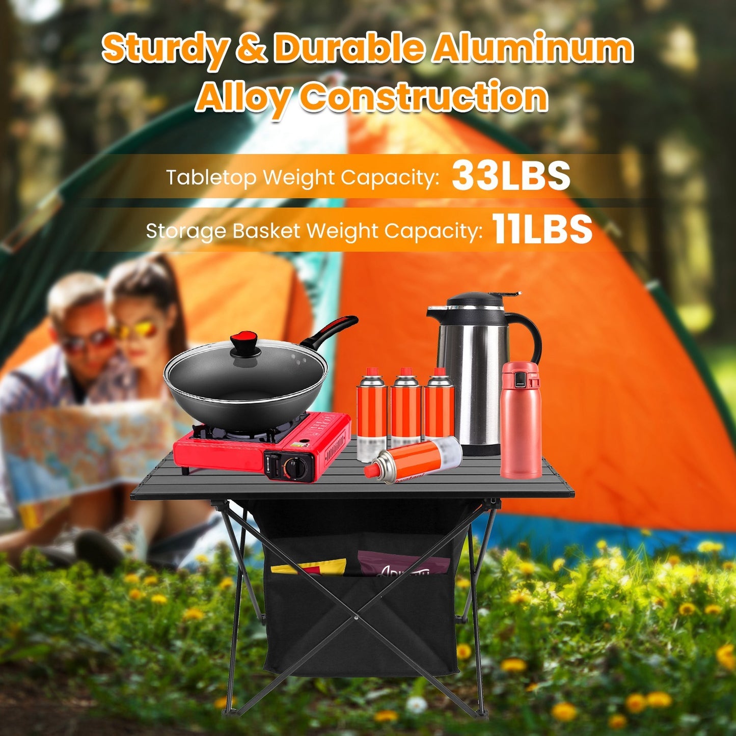 US Local 1 Pc Foldable Camping Table With Storage Basket Rustproof Portable Aluminum Alloy Roll-Up Camping Table With Carrying Bag For Camping Hiking BBQ Picnic Fishing Fedex Shipping