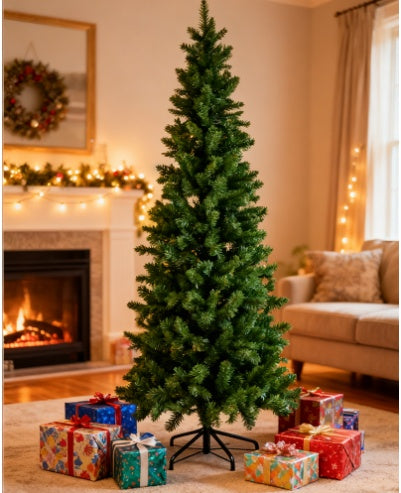 US Local Pencil Christmas Tree, Prelighted Artificial Slim Christmas Trees With 250 Incandescent Lights, 571 Branch Tips & Foldable Base