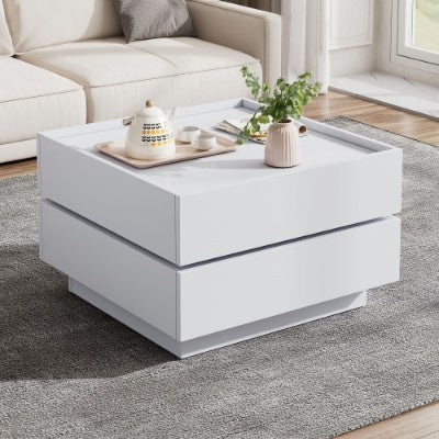 UK Local Square 360 Rotating Coffee Table With 2 Drawers, Wooden 2-Tier Center Table With Swivel Tabletop And Storage, Tea Table , WhiteTable Frame Side Table For Living Room