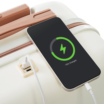 US Local 4-piece Suitcase Set With USB Port, Expandable ABS Durable Suitcase With Travel Bag, Cup Holder, With Spinner Wheels, Beige