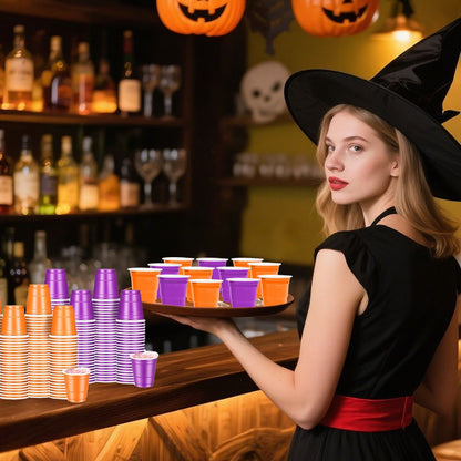US Local 50 Pcs Mini Disposable Shot Glasses Halloween Plastic Shot Glasses Bulk Orange Purple 2 Oz Party Cups For Wine Whiskey Food Halloween Party Drinking Supplies Trick Or Treat Party Drinking Supplies