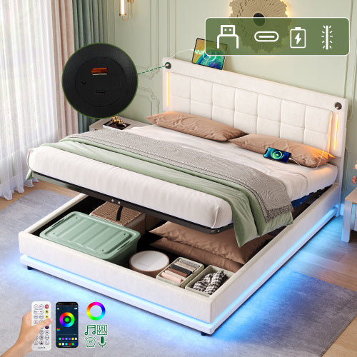 UK Local 4ft6 Double LED Hydraulic Bed With Charging Station, Adjustable Square Tufted Headboard With Intelligent Control Light, Soft Velvet Bed Frame With USB And Type - C Ports, Beige