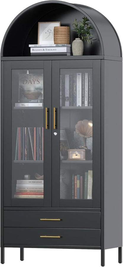US Local 73 In Tall Metal Arched Cabinet, Kitchen Pantry Cabinet With Glass Doors, Modern Farmhouse Arched Bookcase With 2 Drawers And 2 Adjustable Shelves For Living Room, Black, Assembly Required