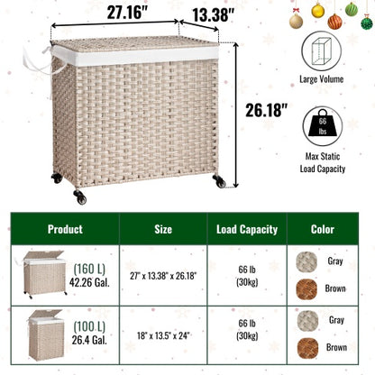 US Local Laundry Hamper With Lid PE Rattan Powder Coating Frame Clothes Hampers With 02 Removable Bags, Wheels, 160L, Gray Color
