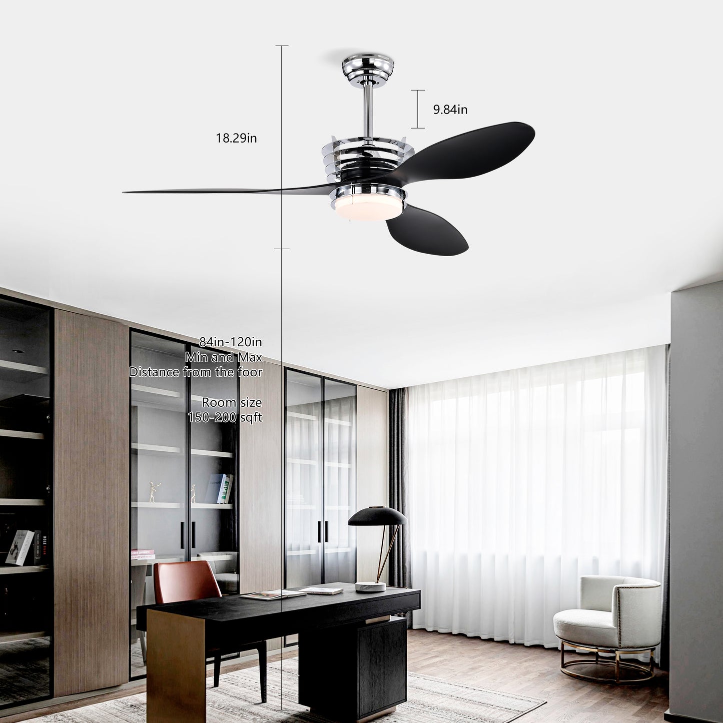 US Local 52'' ABS Blades Ceiling Fan With Lights And DC Remote, DC Motor Modern Ceiling Fan With 3 ABS Fan Blades & 2 Down Rods, Indoor Ceiling Fan With Light For Bedroom,Living Room