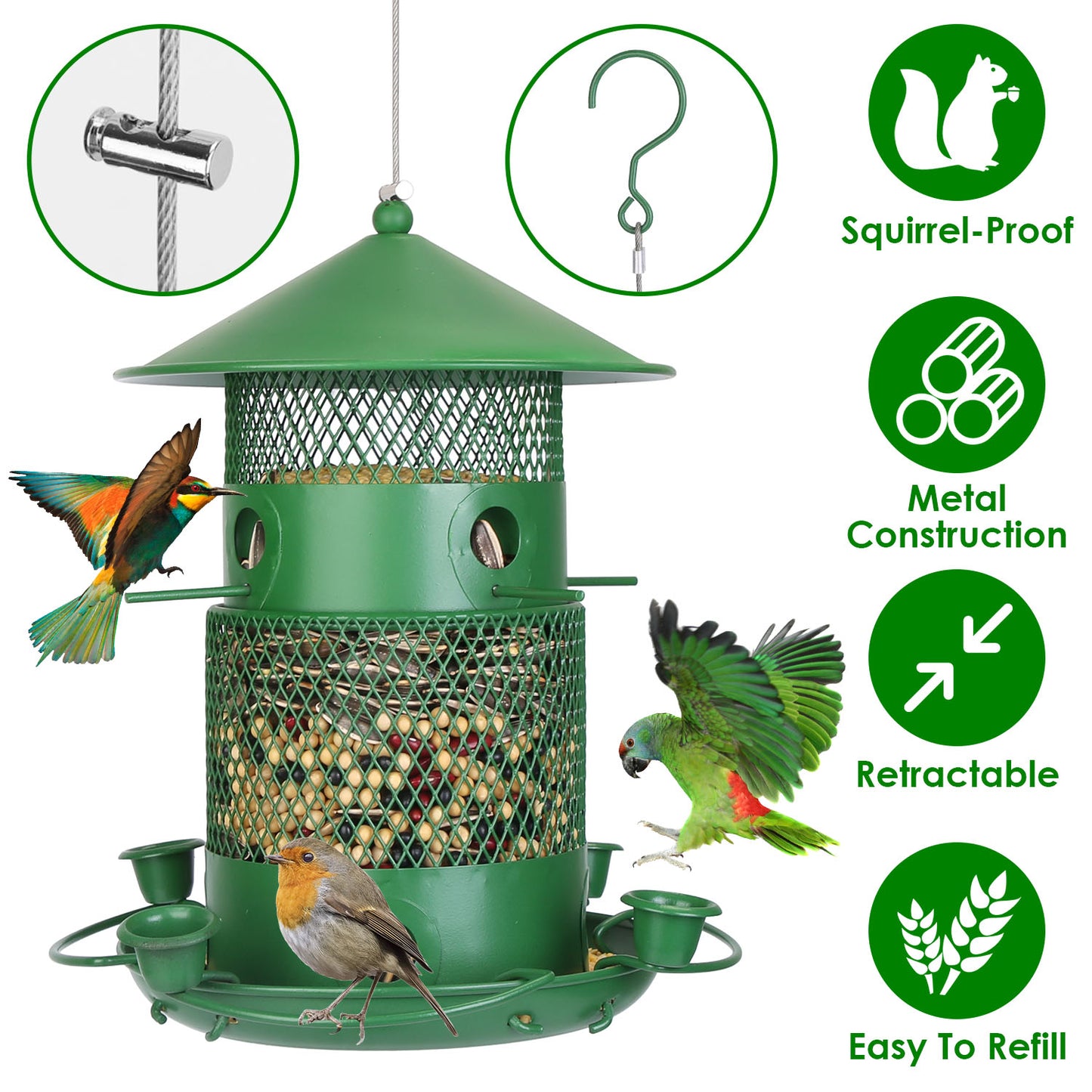 US Local 1Pc Wild Bird Feeder Squirrel-Proof Chew-Proof Metal Bird Seed Feeder Outdoor Hanging Bird Feeder With 360 Degree Circular Perches Water Cups For Yard Garden Patio