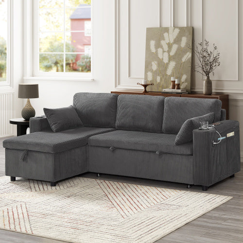 UK Local 3 In 1 Convertible Corduroy Sofa Bed With Storage Chaise, L Shaped Sleeper Sofa Couches With Armrest Storage And Charging Station. Pullout Sectional Daybed For Living RoomBedroomOffice, Grey