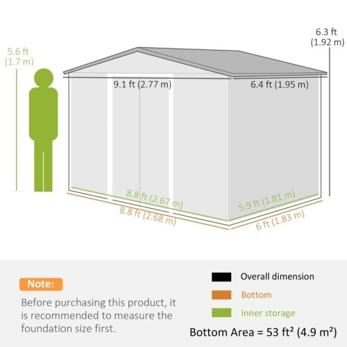 UK Local Outsunny 9 X 6ft Metal Bicycle Shed, Outdoor Storage Tool House With Ventilation Slots, Foundation Kit And Lockable Double Doors, Dark Grey