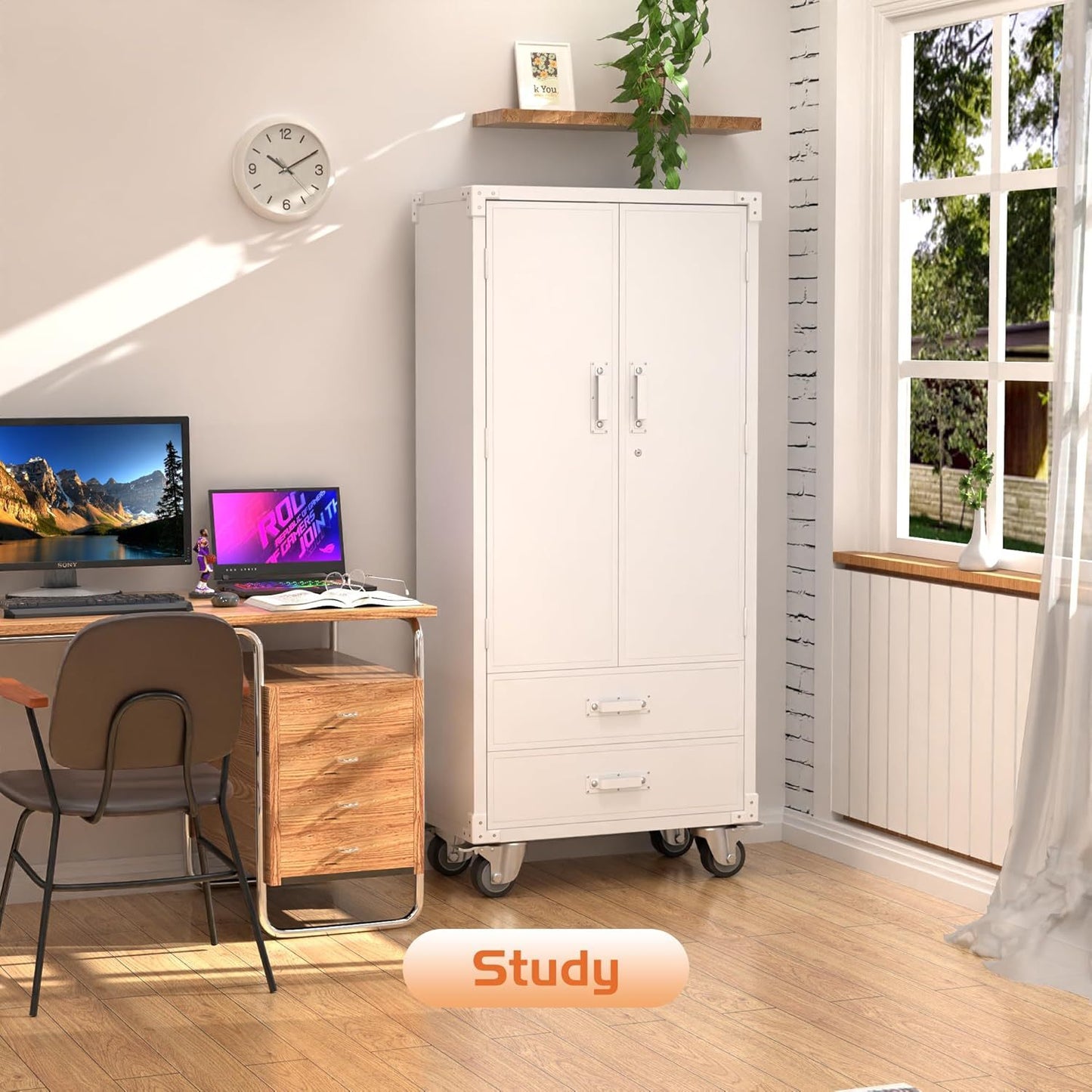 US Local Rolling Storage Cabinet With 2 Doors And 2 Drawers, Metal Storage Cabinet With Doors And Shelves, Locking Steel Cabinet For Warehouse, Home, Office White