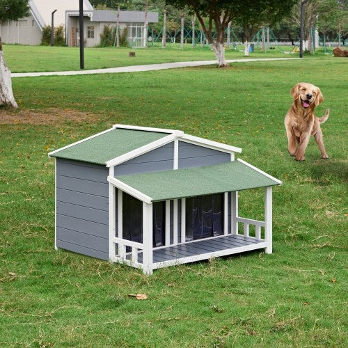 Dog House, Waterproof Dog Cage Kennel, Wooden Outdoor And Indoor Dog House, Raised Pet Kennel For Medium Dogs, Log Cabin Style With Porch,Elevated Floor,Asphalt Roof, 2 Doors, Pine Wood Natural
