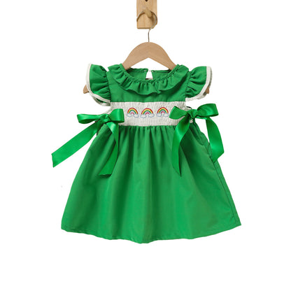 US Local Toddler Girl's Ruffle Sleeve Dress Rainbow Embroidery & Bow Detail With Back Button Closure