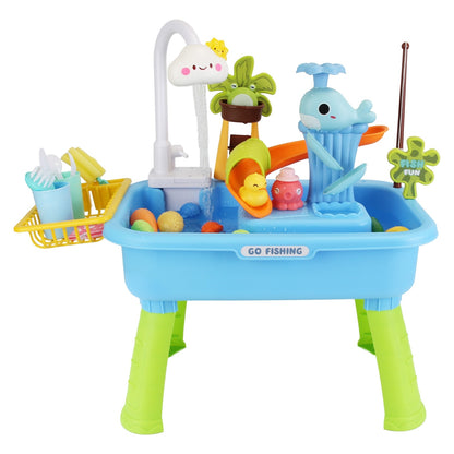 US Local 1Set 3 In 1 Kitchen Sink Toy With Electric Faucet Water Table Fishing Game Role Play Sink Set Indoor Outdoor For Kids Aged 3 Years Old