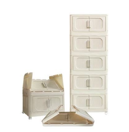 US Local Cream White,19.69 Side Wide Folding Storage Cabinet ,5 Tiers,19.69x11.81x50.00,Collapsible Storage Bins With Magnetic Door, Plastic Storage Cabinet With Wheels