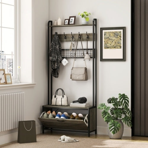 UK Local HOMCOM 5-In-1 Industrial-Style Hallway Tree - Grey Black