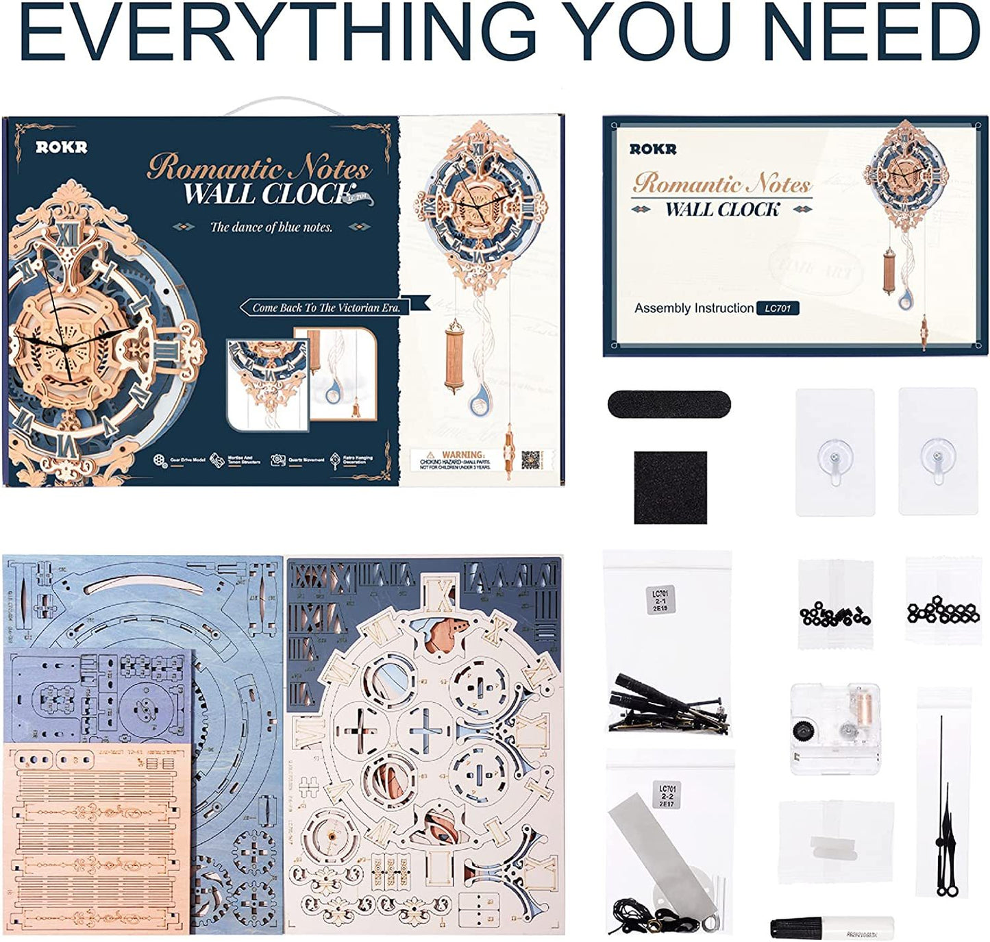 US Local Robotime ROKR 3D Wooden Puzzle Time Art Romantic Notes Wall Clock Model Toys For Children Kids - LC701