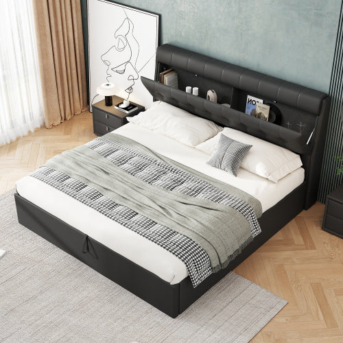 UK Local Fashion Upholstered Bed,135x190 4ft6, Double Bed,Hydraulic Bed,Concealed Headboard Storage,Bed Box Storage,PU,With Slats And Headboard,Without Mattress,Cream White