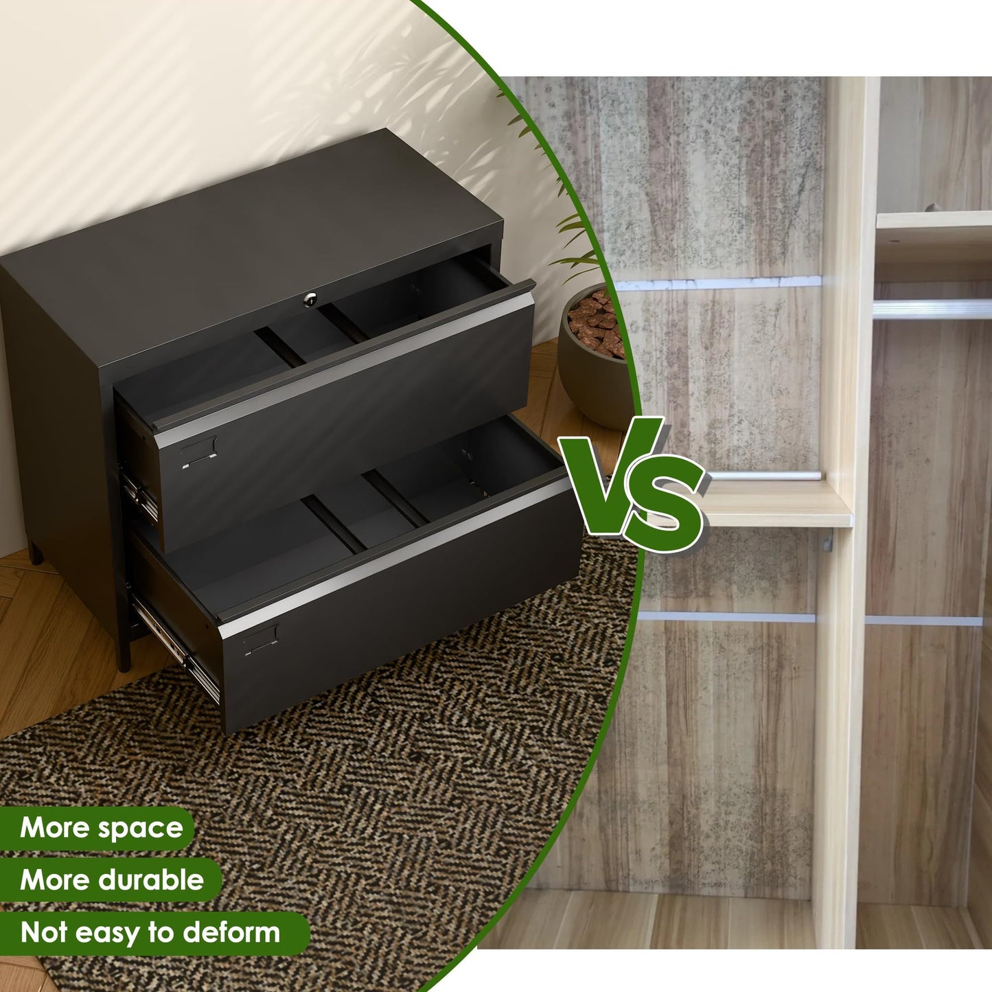 US Local Lateral File Cabinet With 2 Drawer,Metal Wide Filing Cabinet With Lock And Business Card Slot For Home Office School Hanging Letter,Legal,F4,A4 Size Folders,Required Assembly,Black