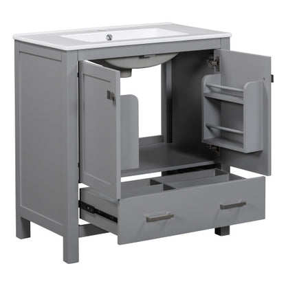 US Local 30  Gray Bathroom Vanity With Single Sink, Combo Cabinet Undermount Sink, Bathroom Storage Cabinet With 2 Doors And A Drawer, Soft Closing, Multifunctional Storage, Solid Wood Frame